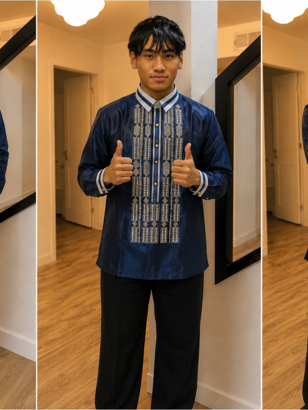 Men's Navy Embroidered Dress Shirt Barong Tagalog